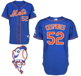 Men’s New York Mets #52 Yoenis Cespedes Alternate Blue with Orange MLB Cool Base Jersey With 2015 Mr. Met Patch
