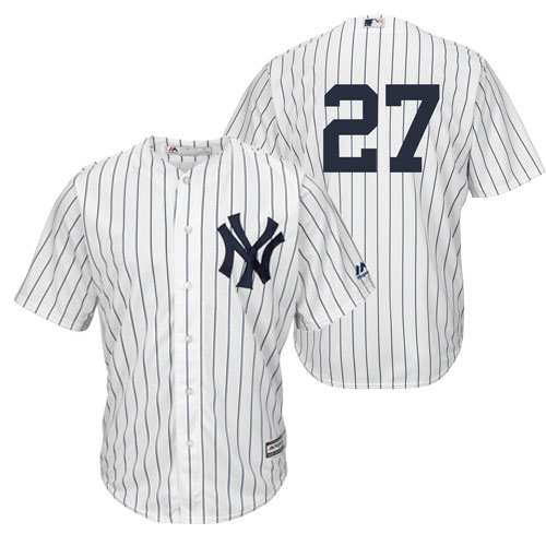 Men’s New York Yankees #27 Giancarlo Stanton White Strip Coolbase Authentic Collection Stitched MLB Jersey