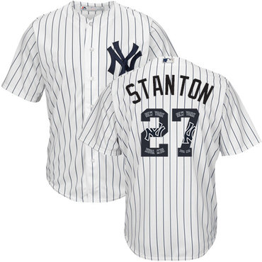 Men’s New York Yankees #27 Giancarlo Stanton White Strip Team Logo Fashion Stitched MLB Jersey