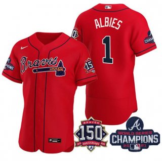 Men’s Red Atlanta Braves #1 Ozzie Albies 2021 World Series Champions With 150th Anniversary Flex Base Stitched Jersey