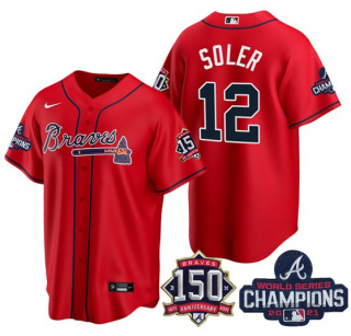 Men’s Red Atlanta Braves #12 Jorge Soler 2021 World Series Champions With 150th Anniversary Patch Cool Base Stitched Jersey