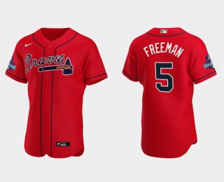 Men’s Red Atlanta Braves #5 Freddie Freeman 2021 World Series Champions Flex Base Stitched Jersey