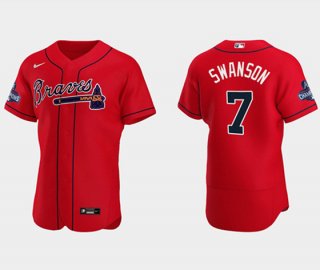 Men’s Red Atlanta Braves #7 Dansby Swanson 2021 World Series Champions Flex Base Stitched Jersey