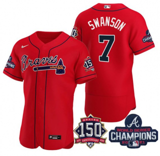 Men’s Red Atlanta Braves #7 Dansby Swanson 2021 World Series Champions With 150th Anniversary Flex Base Stitched Jersey