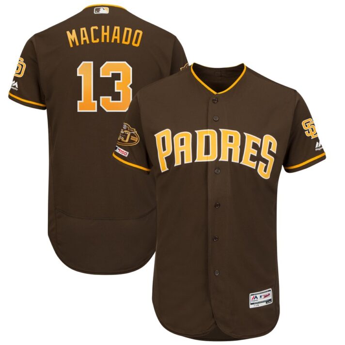 Men’s San Diego Padres 13 Manny Machado Brown 50th Anniversary and 150th Patch FlexBase Jersey