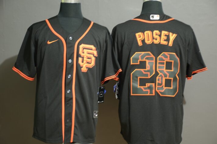 Men’s San Francisco Giants #28 Buster Posey Black White Team Logo Stitched MLB Cool Base Nike Jersey