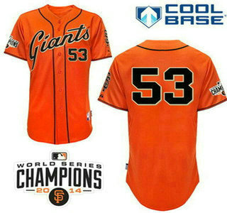 Men’s San Francisco Giants #53 Chris Heston Alternate Orange Stitched MLB Cool Base Jersey With 2014 World Series Champions Patch