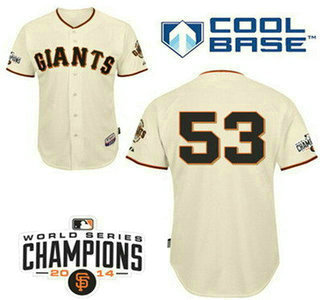 Men’s San Francisco Giants #53 Chris Heston Home Cream Stitched MLB Cool Base Jersey With 2014 World Series Champions Patch