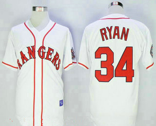 Men’s Texas Rangers #34 Nolan Ryan Retired White Stitched 1995 All-Star Patch MLB Cooperstown Throwback Jersey