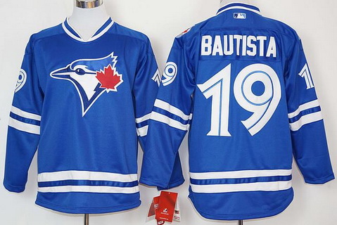 Men’s Toronto Blue Jays #19 Jose Bautista Blue Alternate Long Sleeve Baseball Jersey