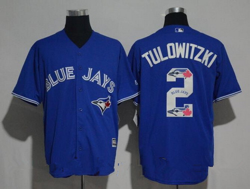 Men’s Toronto Blue Jays #2 Troy Tulowitzki Royal Blue Team Logo Ornamented Stitched MLB Majestic Cool Base Jersey