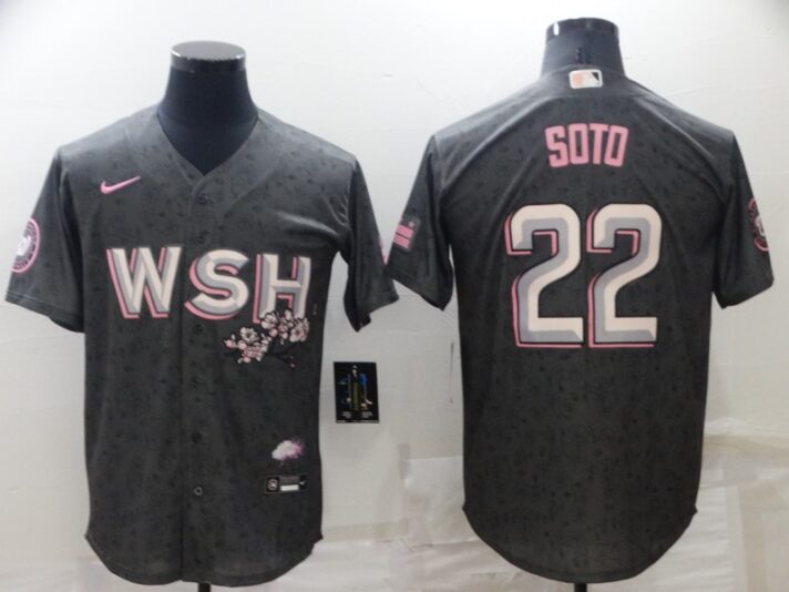 Men’s Washington Nationals #22 Juan Soto 2022 Grey City Connect Cherry Blossom Cool Base Stitched Jersey