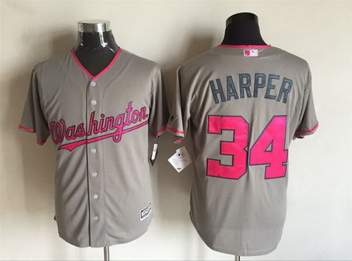Men’s Washington Nationals #34 Bryce Harper Gray With Pink 2016 Mother’s Day Baseball Cool Base Jersey