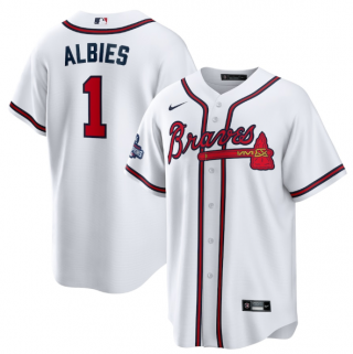 Men’s White Atlanta Braves #1 Ozzie Albies 2021 World Series Champions Cool Base Stitched Jersey