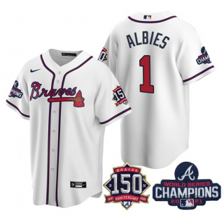 Men’s White Atlanta Braves #1 Ozzie Albies 2021 World Series Champions With 150th Anniversary Patch Cool Base Stitched Jersey