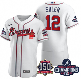 Men’s White Atlanta Braves #12 Jorge Soler 2021 World Series Champions With 150th Anniversary Flex Base Stitched Jersey