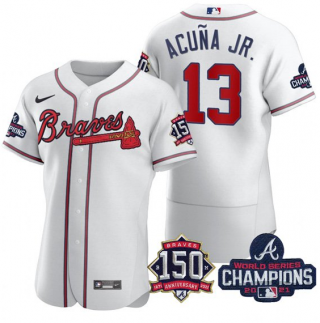 Men’s White Atlanta Braves #13 Ronald Acuna Jr. 2021 World Series Champions With 150th Anniversary Flex Base Stitched Jersey