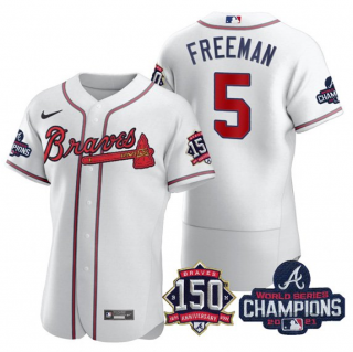 Men’s White Atlanta Braves #5 Freddie Freeman 2021 World Series Champions With 150th Anniversary Flex Base Stitched Jersey