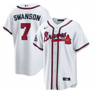 Men’s White Atlanta Braves #7 Dansby Swanson 2021 World Series Champions Cool Base Stitched Jersey