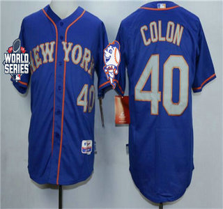 New York Mets #40 Bartolo Colon Royal Blue Gray Cool Base Jersey with World Series Participant Patch