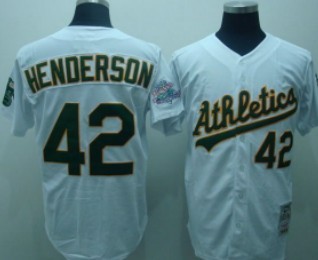 Oakland Athletics #42 Rickey Henderson White Throwback Jersey