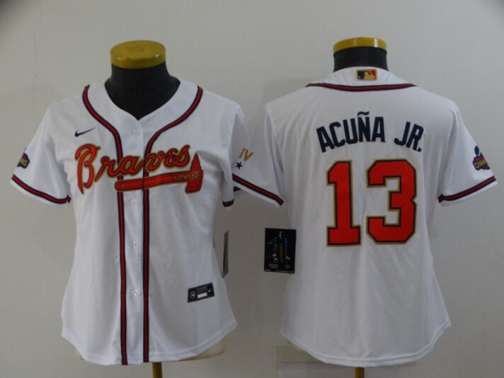 Women’s Atlanta Braves #13 Ronald Acuna Jr 2022 White Gold World Series Champions Program Cool Base Stitched Baseball Jersey