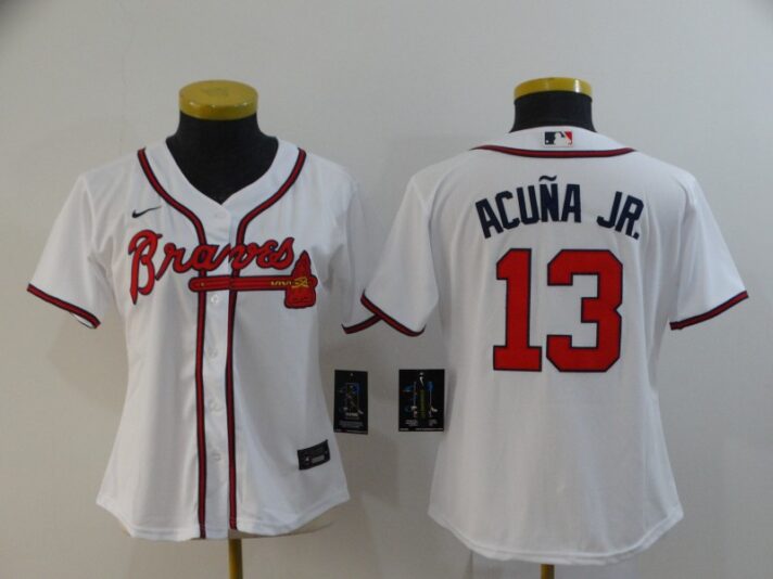 Women’s Atlanta Braves #13 Ronald Acuna Jr. White Stitched MLB Cool Base Nike Jersey