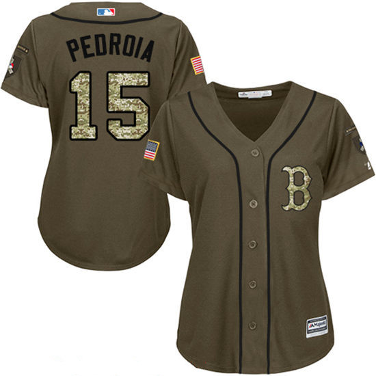 Women’s Boston Red Sox #15 Dustin Pedroia Green Salute To Service Stitched MLB Majestic Cool Base Jersey