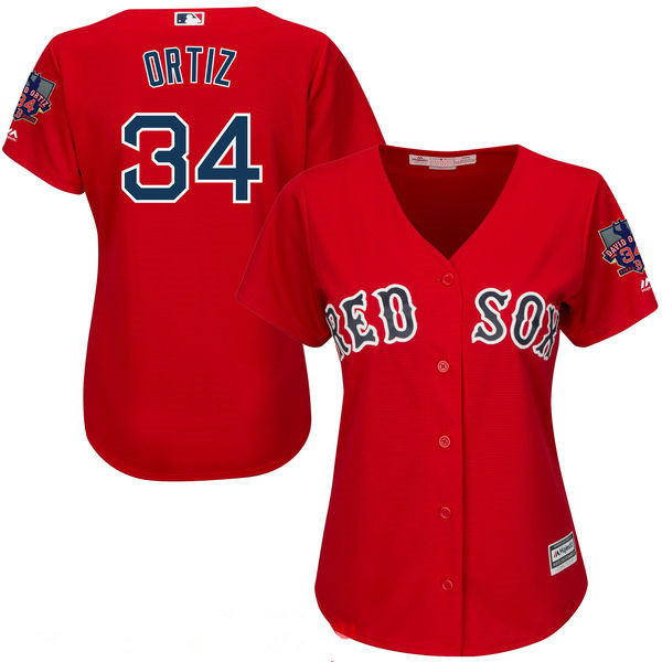 Women’s Boston Red Sox #34 David Ortiz Red Stitched MLB Majestic Cool Base Jersey with Retirement Patch