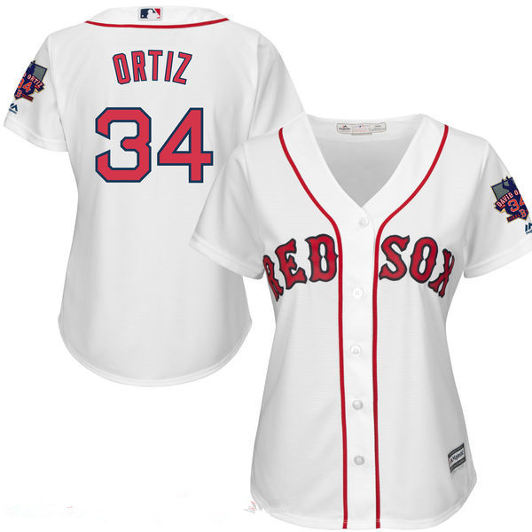 Women’s Boston Red Sox #34 David Ortiz White Home Stitched MLB Majestic Cool Base Jersey with Retirement Patch