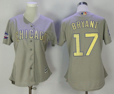 Women’s Chicago Cubs #17 Kris Bryant Gray World Series Champions Gold Stitched MLB Majestic 2017 Cool Base Jersey