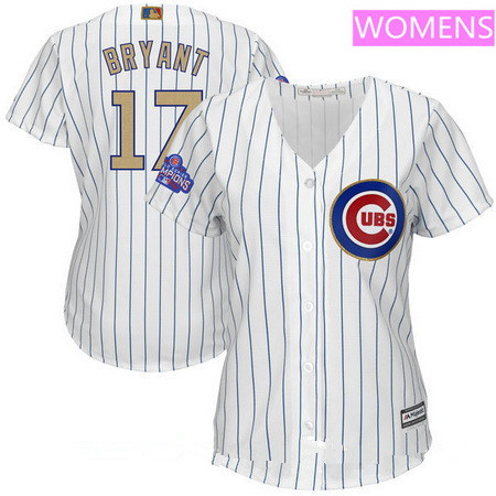 Women’s Chicago Cubs #17 Kris Bryant White World Series Champions Gold Stitched MLB Majestic 2017 Cool Base Jersey