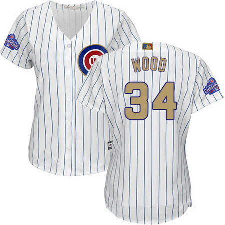 Women’s Chicago Cubs #34 Kerry Wood White World Series Champions Gold Stitched MLB Majestic 2017 Cool Base Jersey