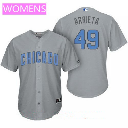 Women’s Chicago Cubs #49 Jake Arrieta Gray with Baby Blue Father’s Day Stitched MLB Majestic Cool Base Jersey