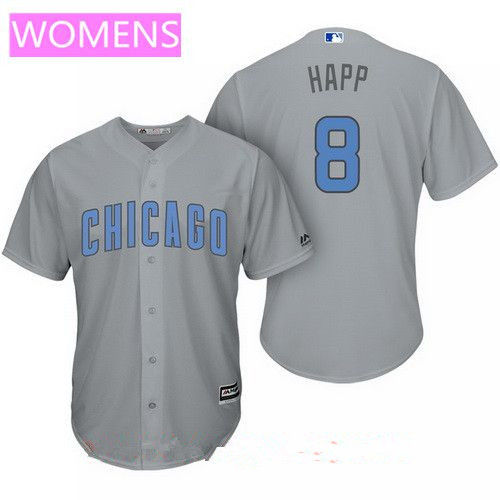 Women’s Chicago Cubs #8 Ian Happ Gray with Baby Blue Father’s Day Stitched MLB Majestic Cool Base Jersey