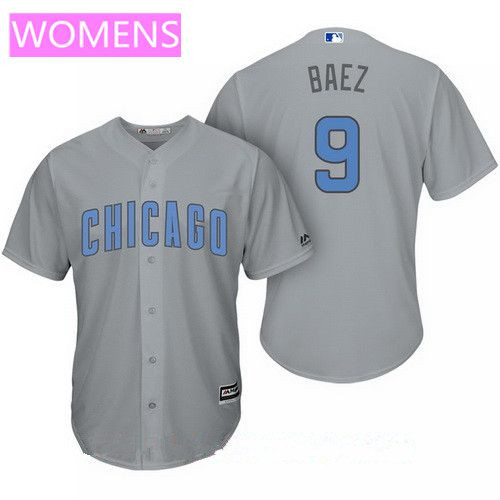 Women’s Chicago Cubs #9 Javier Baez Gray with Baby Blue Father’s Day Stitched MLB Majestic Cool Base Jersey