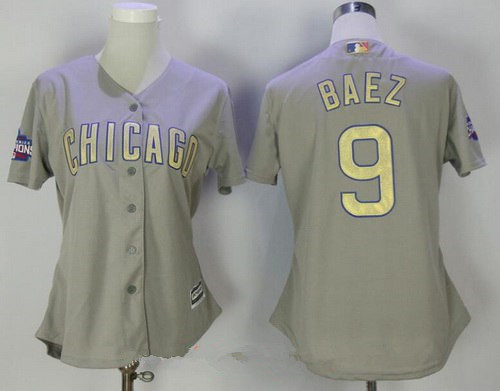 Women’s Chicago Cubs #9 Javier Baez Gray World Series Champions Gold Stitched MLB Majestic 2017 Cool Base Jersey