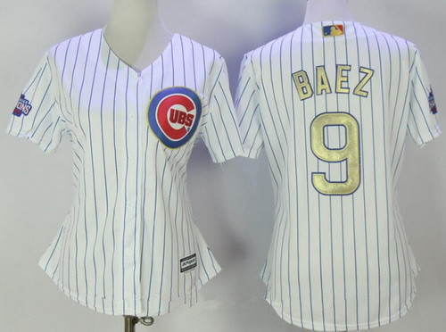 Women’s Chicago Cubs #9 Javier Baez White World Series Champions Gold Stitched MLB Majestic 2017 Cool Base Jersey