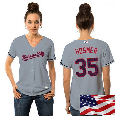 Women’s Kansas City Royals #35 Eric Hosmer Gray Stars & Stripes Fashion Independence Day Stitched MLB Majestic Cool Base Jersey
