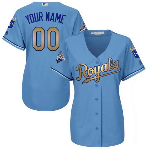 Women’s Kansas City Royals Light Blue 2015 World Series Champions Gold Program Custom Cool Base Jersey