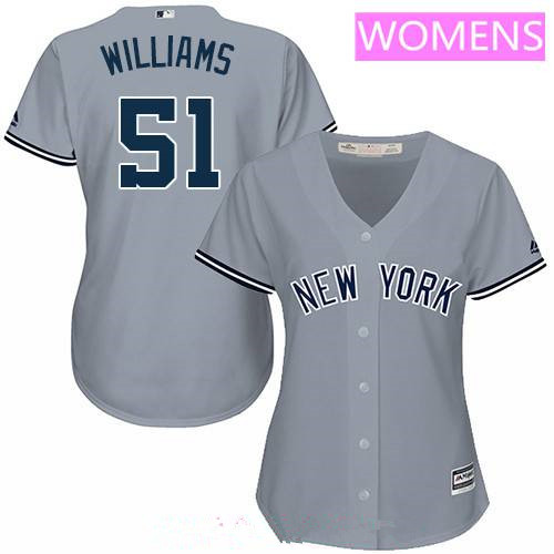 Women’s New York Yankees #51 Bernie Williams Retired Gray Road Stitched MLB Majestic Cool Base Jersey
