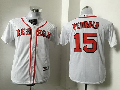 Youth Boston Red Sox #15 Dustin Pedroia Name White Home Stitched MLB Majestic Cool Base Jersey