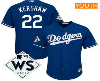 Youth Los Angeles Dodgers Clayton Kershaw Majestic Royal 2017 World Series Patch Cool Base Player Jersey