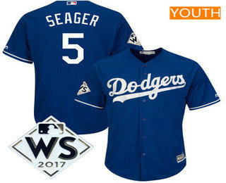Youth Los Angeles Dodgers Corey Seager Majestic Royal 2017 World Series Patch Cool Base Player Jersey